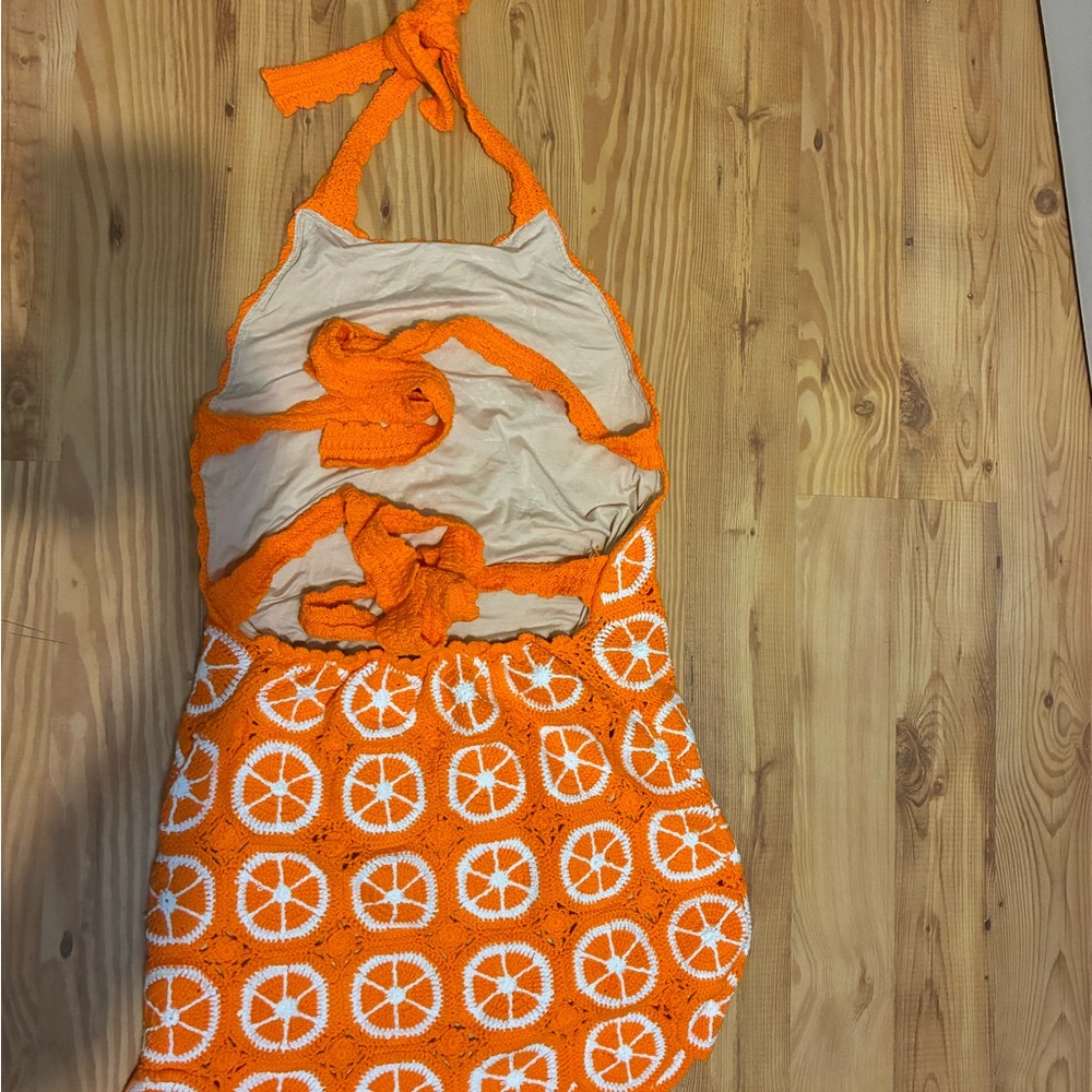 Happy Halter Mini dress Show Me Your MuMu size small orange crochet lined - Picture 3 of 5